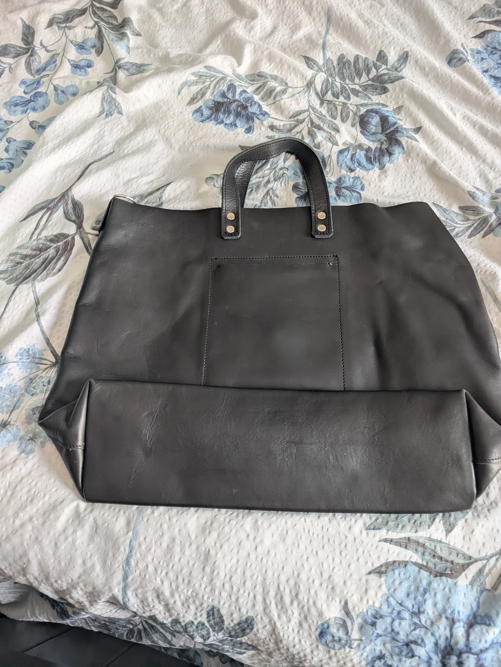 Black Women's Leather Tote Bag - Minimal Pocket Design